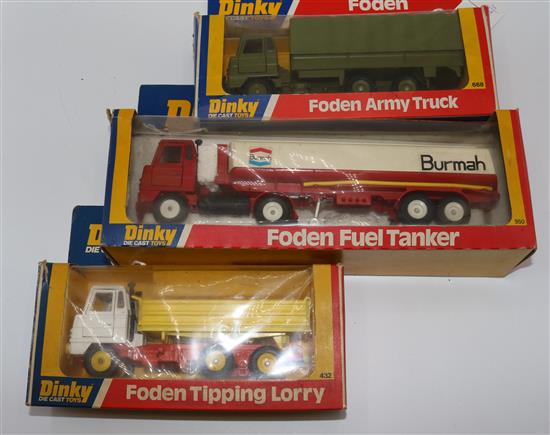 Dinky 950 Foden Fuel Tanker, 432 Tipping Lorry and 668 Army Truck (3, all boxed)